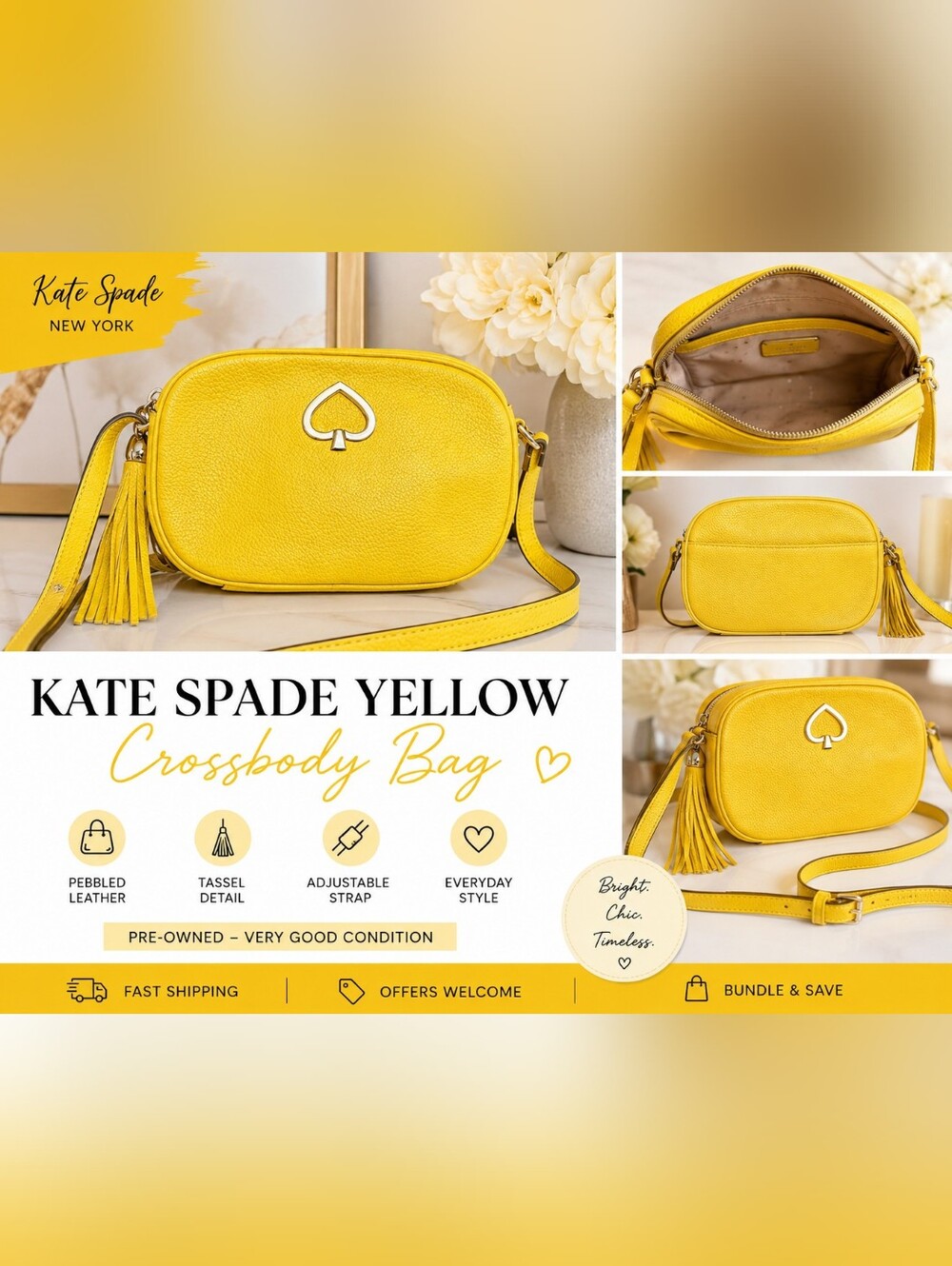 ✨️kate spade Yellow Pebbled Leather Crossbody with Tassel